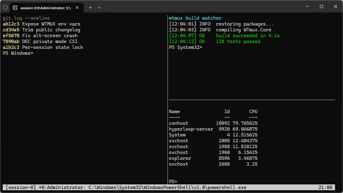 A single Windows Terminal window split into three wtmux panes — a git log, a build watcher, and a process monitor — with a tmux-style status bar along the bottom