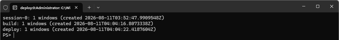 Output of wtmux ls listing three sessions — session-0, build, and deploy — each with its window count and creation time